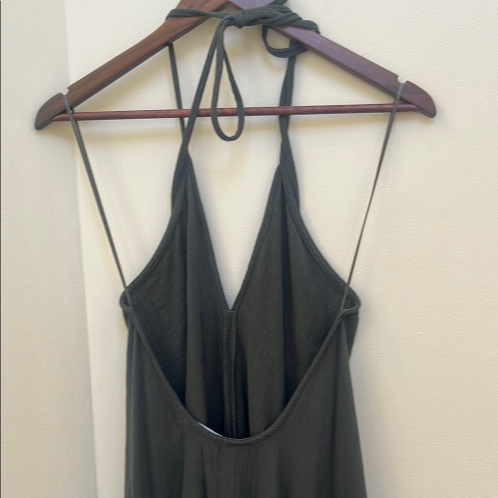 Envy Army Green High-Low Asymmetrical Halter Dress with LongTie to Adjust Style - Picture 4 of 7